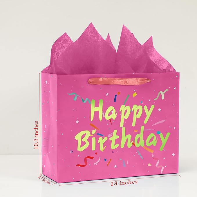 Febbleshow Pink Birthday Gift Bags with Tissue Paper - Matte Finish with Gold Foil Lettering and Confetti Design - Birthday Party Gift Bag for Men Women Kids - 13"x10.3"x4.7" (Pack of 2)