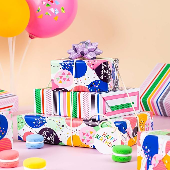 MAYPLUSS Birthday Gift Wrapping Paper Roll - 17 Inch x 16.4 Feet - Colorful Kids Style Confetti Balloons Birthday Festive Gift Wrap Paper for Boys,Girls Celebration, Holiday, Party, Baby Shower