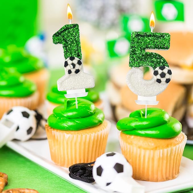 Soccer Birthday Candles Cake Topper for Girl and Boy, Wedding Cakes, Anniversaries, Party Celebrations, Birthday Decorations (Green White, 15)