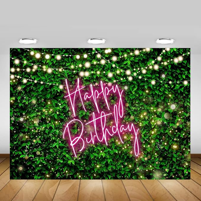 Mocsicka Green Leaves Happy Birthday Backdrop Jungle Safari Party Backdrops Birthday Decorations Nature Green Rustic Lawn Leaves Photography Background Photo Studio Props (Pink, 10x8ft(120x96 inch))