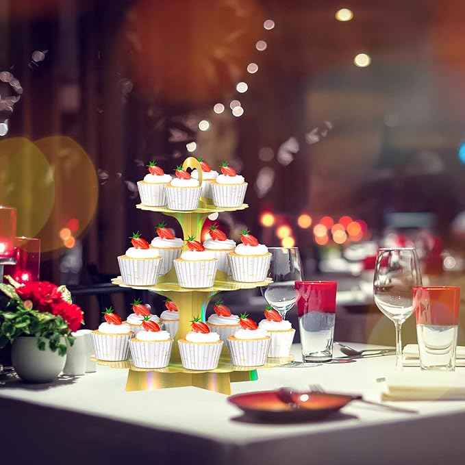 2-Pack 3-Tier Cupcake Stand,Rainbow Gold Cake Tower,Dessert Cupcakes Cardboard Display Holder for Weddings & Parties & Birthday Decoration Supplies(Laser)