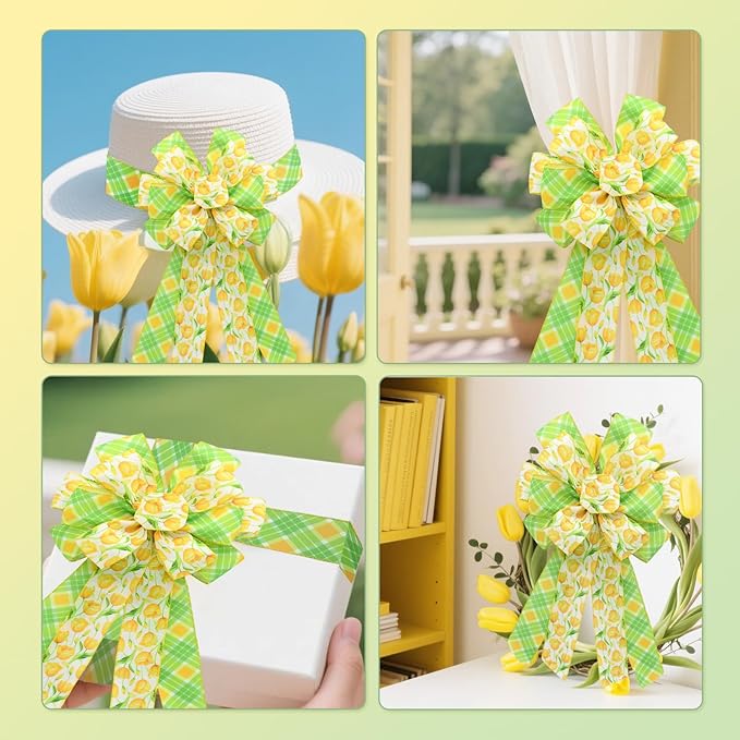 2 Rolls Yellow Tulip Wired Ribbon - 2.5 Inch Wide, 10 Yards Total, Tulip Floral Pattern, Cheerful Summer Floral Ribbon for Wedding Decor, DIY Crafts & Gift Wrapping