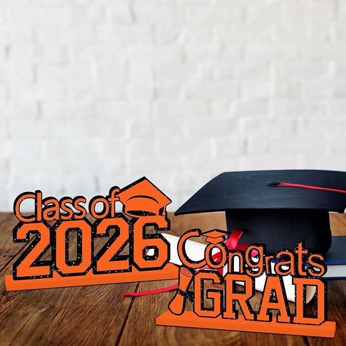 4Pcs Orange and Black Graduation Decorations Class of 2026 Congrats Grad Wooden Table Centerpieces Grad Table Decorations for Graduation Centerpieces