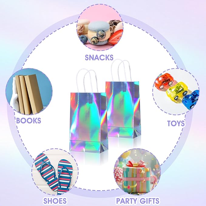 Abeillo 24 Pcs Reusable Paper Gift Bags with Handle, Iridescent Gift Bag Glossy Holographic Goodie Bag Gift Handbag Bulk for Baby Shower Christmas Birthday Party Favor, 8.3 x 4.7 x 3.1 Inch