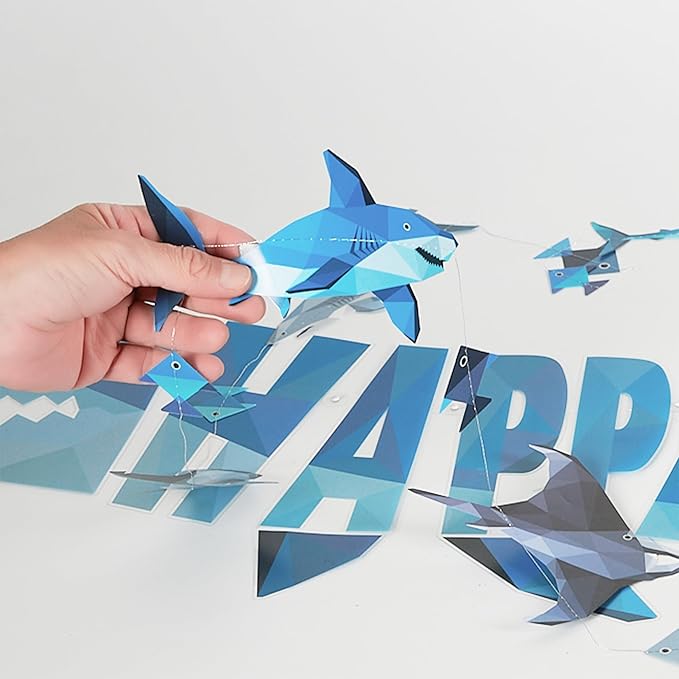 Cheerland Shark Birthday Party Decorations Happy Birthday Banner Hanging Shark Garland Decor Geometric Style Under The Sea Nautical Ocean Theme Pool Party Supplies