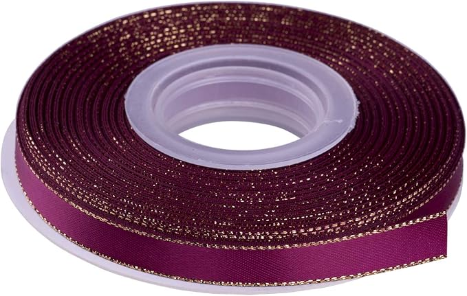 3/8" Double Face Satin Ribbon with Gold Edge 25 Yards (275-Wine), Set for Gift Wrapping, Party Decor, Wedding and Craft