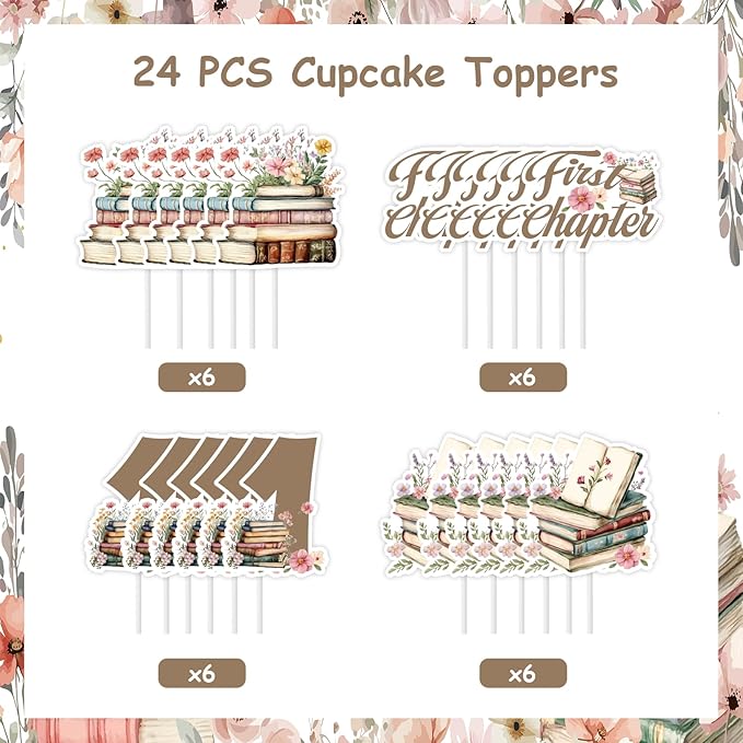 Cheereveal 24Pcs Retro Storybook Cupcake Toppers, Storybook 1st Birthday Cupcake Picks, First Chapter Book Club Themed 1st Bday Baby Shower Decorations Supplies