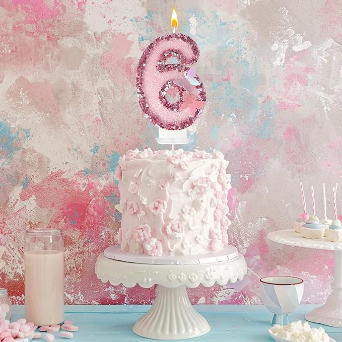 6th Birthday Candles,Glitter Butterfly Cake Toppers Pink Sequins Wedding Numeral Cupcake Decorations,Suitable for Girl and boy Wedding Cakes, Party Celebrations, Birthday Decorations