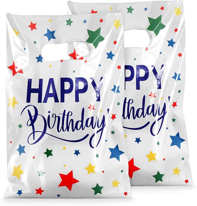 Hxezoc 50 Pieces Birthday Candy Bags Happy Birthday Goodie Bag Plastic Treat Bags Gift Wrap with Handles Favor Bags For Birthday Party Decoration Supplies (White)