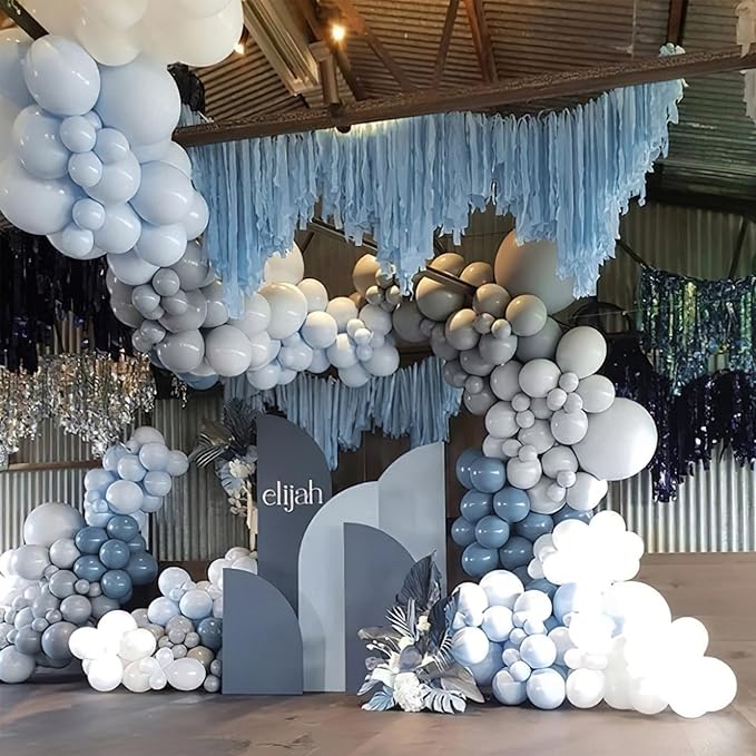 PartyWoo Dusty Blue Balloon Arch Kit Garland 142pcs Different Sizes of 18 12 10 5 Inch Light Baby Blue White Sand Gold Confetti Boho Balloons for Baby Shower Gender Reveal Birthday Party Decorations