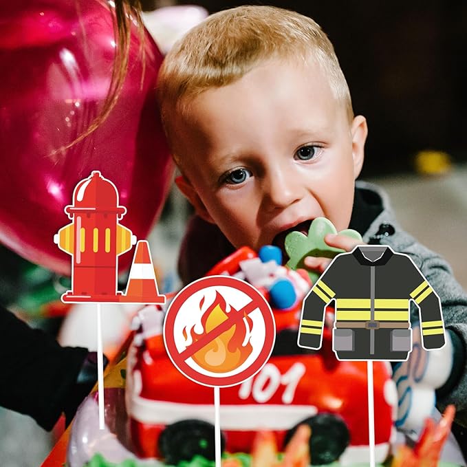 Whaline 72Pcs Fireman Themed Cupcake Topper 12 Designs Fire Truck Firefighter Cupcake Picks Fire Engine Rescue Food Picks with Glue Point for Birthday Baby Shower Party Supplies Cake Decor