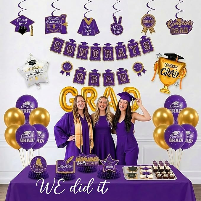 Purple Gold Balloon Garland Arch Kit with backdrop Stars Graduation Cap crown GRAD Letters Mylar Balloons for 2026 graduate Prom Decorations
