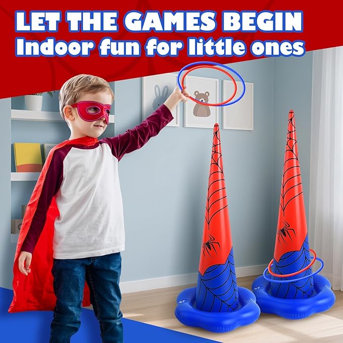 5 Pack Inflatable Spider Web Ring Toss Game - Red and Blue Spider Themed Birthday Party Games with 10 Plastic Rings & Pump, Indoor Outdoor Carnival Toss Toy for Kids Party Favors