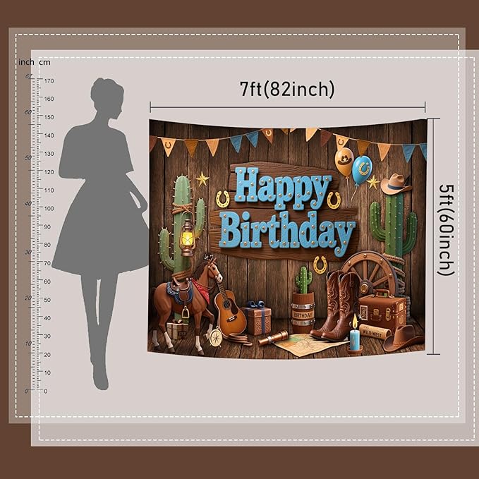 Mocsicka Western Cowboy Birthday Backdrop Wild West Happy Brithday Party Decorations Banner for Boys Western Themed Party Photography Bakground Supplies (Brown, 8x6ft(96"x72"))