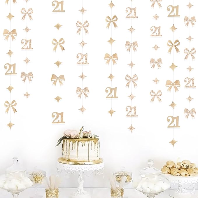 Glitter Champagne 21st Bow Birthday Decorations Champagne Conquette Bow Garland Streamer Banner Backdrop for Girls Happy 21st Birthday Finally Legal Cheers to 21 Years Old Anniversary Party Supplies