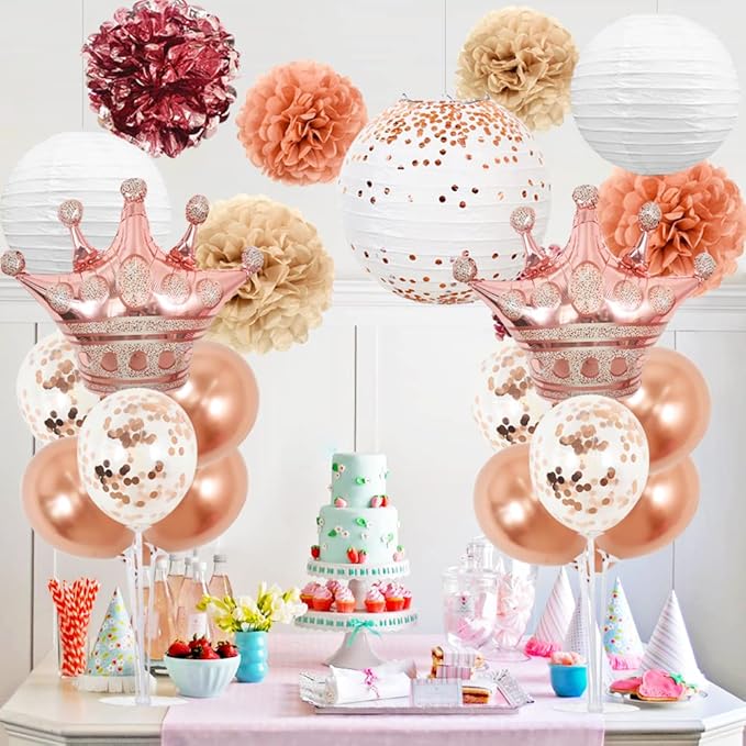 TONIFUL Table Centerpiece Balloons Stand Kit Include Rose Gold Latex Confetti Balloons and Foil Crown Balloon for Birthday Baby Shower Wedding,2025 Graduation Anniversary Table Party Decorations
