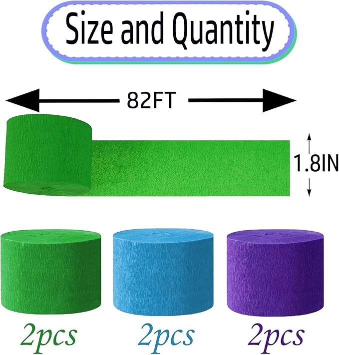 Purple Green and Blue Crepe Paper 6 Pcs Streamers for Party Decorations, Birthday Wedding DIY Crafts, Gift Wrapping Supplies