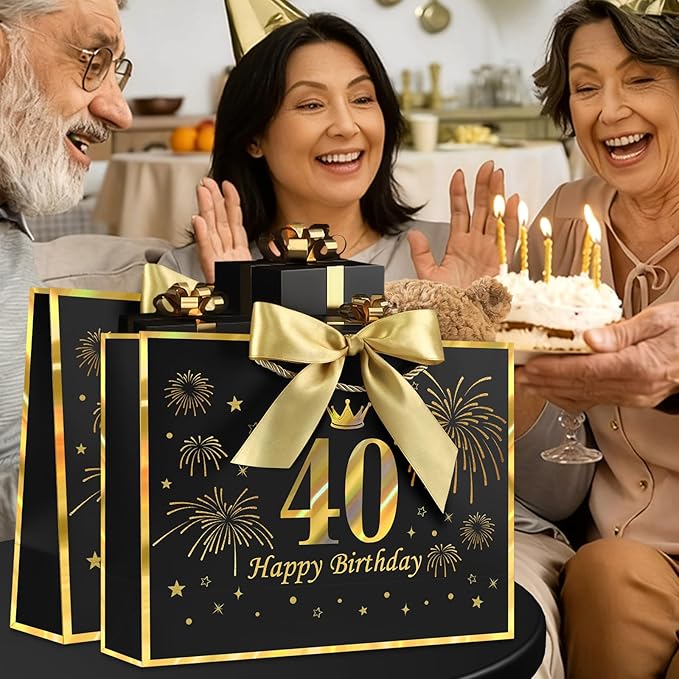 JMANNI Black Gold 40th Birthday Gift Bag with Card and Tissue Paper, 12.6"×9.84"×3.9" Elegant Present Bag for Adults, 40 Year Old Birthday Keepsake Party Supplies
