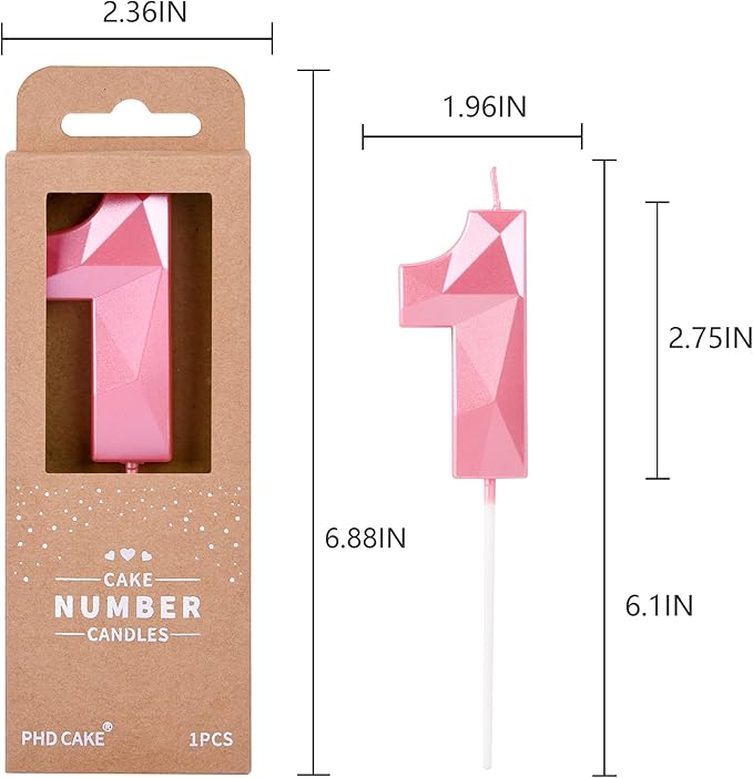 PHD CAKE 2.76 Inch Crystal Pink 1 Number Birthday Candles, Pink Number Candles, Cake Number Candles, Party Celebration