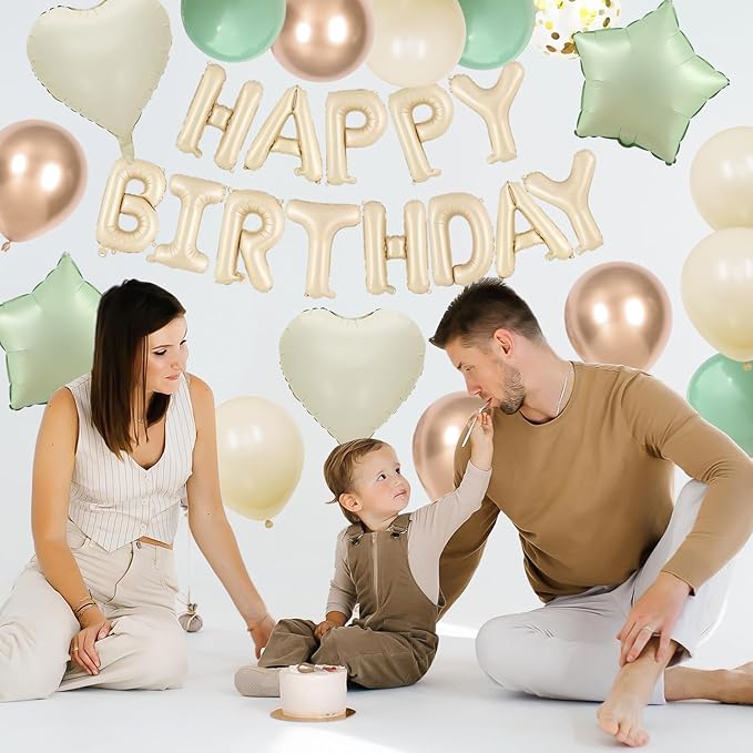 Sage Green Birthday Decorations for Men Women Boys Girls,Sage Green Beige Gold balloons Happy Birthday Balloons Banner Confetti Balloons for Birthday Baby Shower Party Decorations