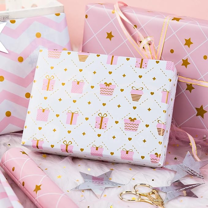 MAYPLUSS Pink Wrapping Paper Roll, Birthday Wrapping Paper for Girl, Pastel Pink Girly Gift Wrap Paper for Valentines Day, Christmas, Wedding, Baby Shower (Mini Roll, 17 inch x 120 inch Per Roll)