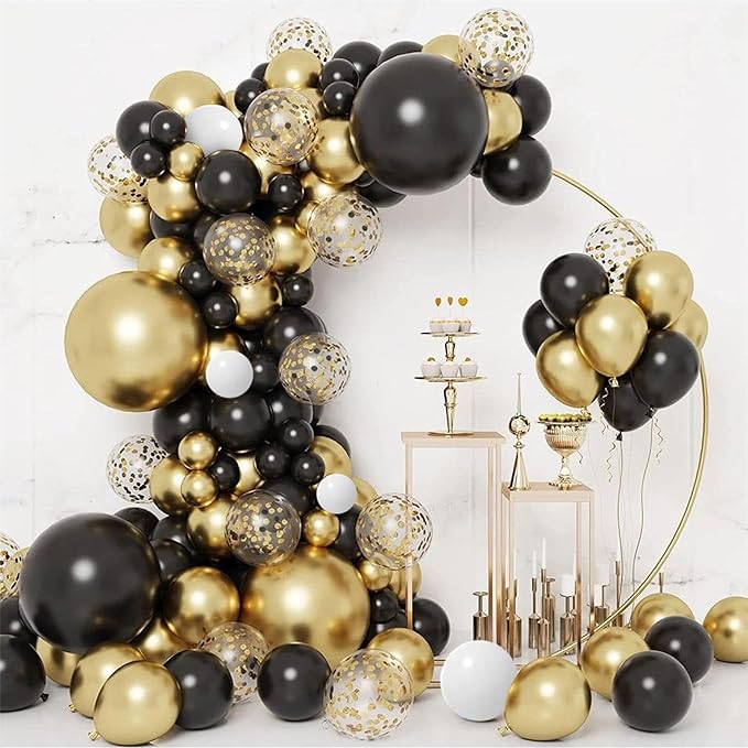 CANREVEL 50pcs 12 Inches Black Gold Confetti Balloons Kit, Metallic Gold and Black White Party Balloons with Ribbons for Birthday, Baby Shower, Graduation, New Year Decorations