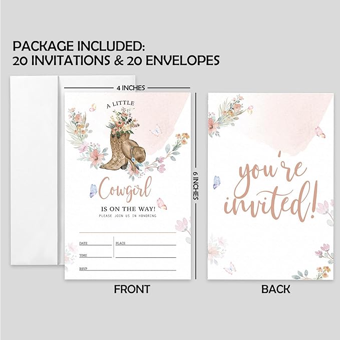 AEHIE 20 Sets Baby Shower Shaped Fill-In Invitations With Envelopes, A Little Is On The Way Party Invitations Invite Cards for Baby Girls West, Western Newborn Invites