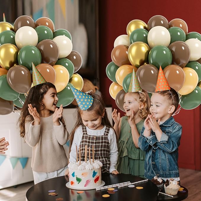 BAUANOOY Green and Brown Balloons, 60pcs 12 Inch Safari Balloons with Sage Green Brown Nude Metallic Gold Latex Balloon for Jungle Forest Baby Shower Birthday Party Decorations