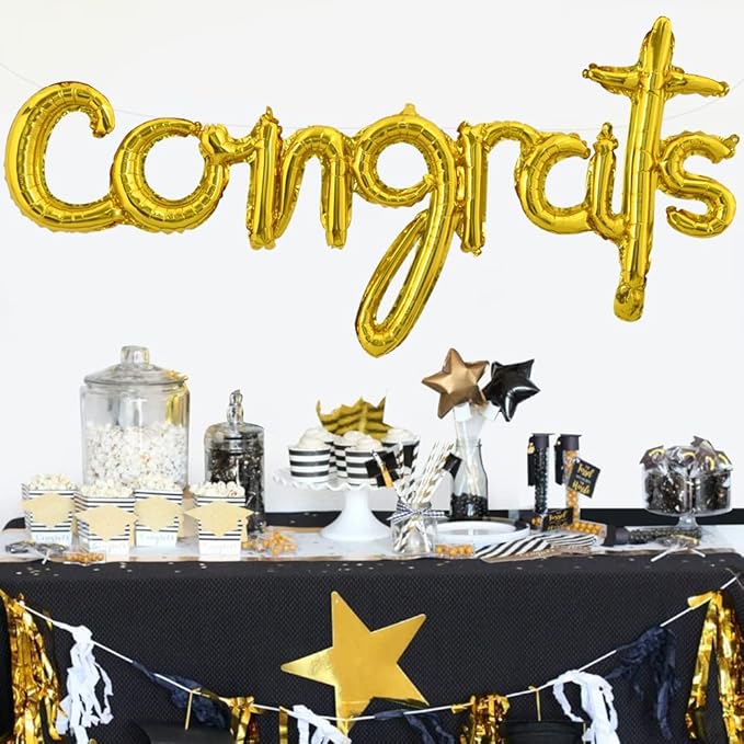TONIFUL Congrats Balloons - 45 Inch Gold Congrats Foil Balloons Banner Reusable Material for 2026 Graduation Party Graduate Congratulations Class of 2026 Congrats Grad Decorations Supplies