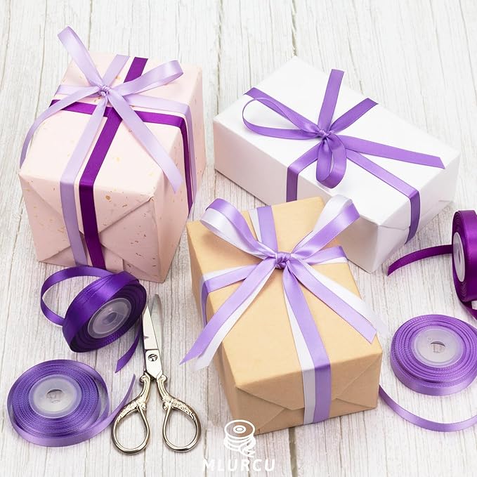 Purple Ribbon Thin 3/8 Inch x 60Yds Assorted Lavender/Violet/Lilac Double Faced Satin Ribbons for Flower Bouquet, Gift Wrapping, Wedding Invitation, Bridal Shower, Baby Shower, Hair Bows, Crafts