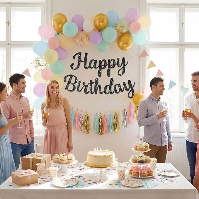Glitter Happy Birthday Banner Sign,Reusable Birthday Party Decorations, DIY Party Supplies for Women Men Boys Girls,Celebration Decor Garland Wall Backdrop Banners (Black)