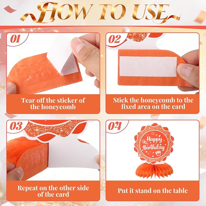 12Pcs Orange Birthday Decorations Honeycomb Centerpieces for Men Women Kids, Orange Happy Birthday Table Centerpieces for Adult Boys Girls Birthday Party Table Topper Sign Decor Supplies