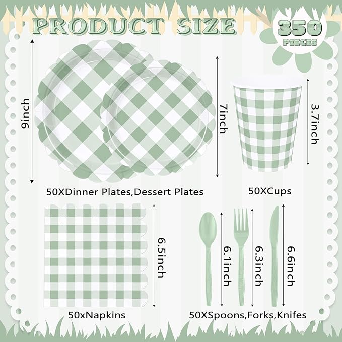 QISOLIY 350Pcs Green Gingham Party Supplies Gingham Plates and Napkins, Green and White Checkered Disposable Plates Set for Dinner Birthday Baby Shower Wedding Picnic Supplies Serve 50 Guest