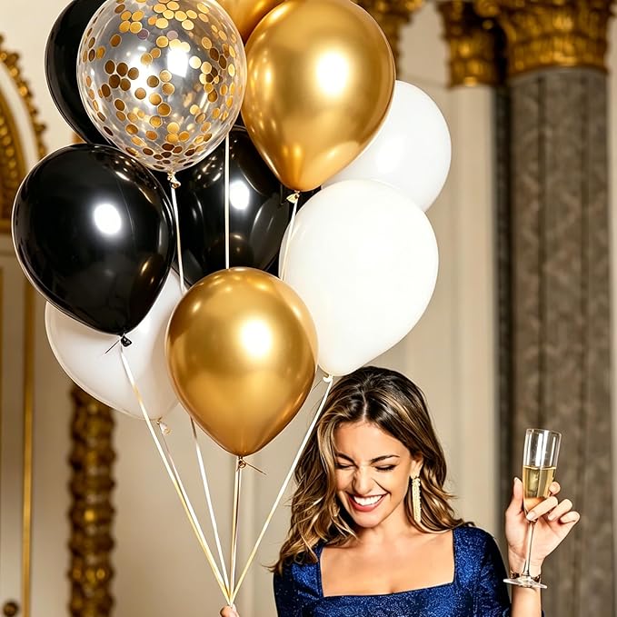 Black and Gold Balloons White Black Gold Confetti Balloon, 60 Pcs 12 Inch Latex Confetti Metallic Balloons with 1 Ribbon, for Birthday Wedding Bridal Shower Party Decorations