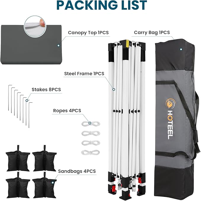 Hoteel 10x10 Pop Up Canopy Tent | One Person Setup Outdoor Shade, UPF 50+ and Waterproof, 210D Oxford Top, 3 Heights Adjustable, 600D Carry Bag for Beach, Events, Commercial Use (Gray)