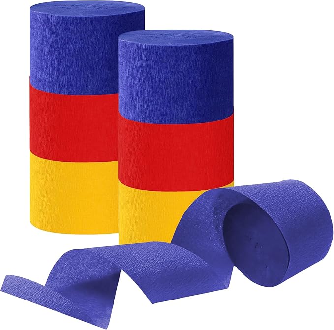 Yellow and Red and Blue Crepe Paper Streamers, Party Streamer Decorations for Various Party Festival Decorations, 6 Rolls