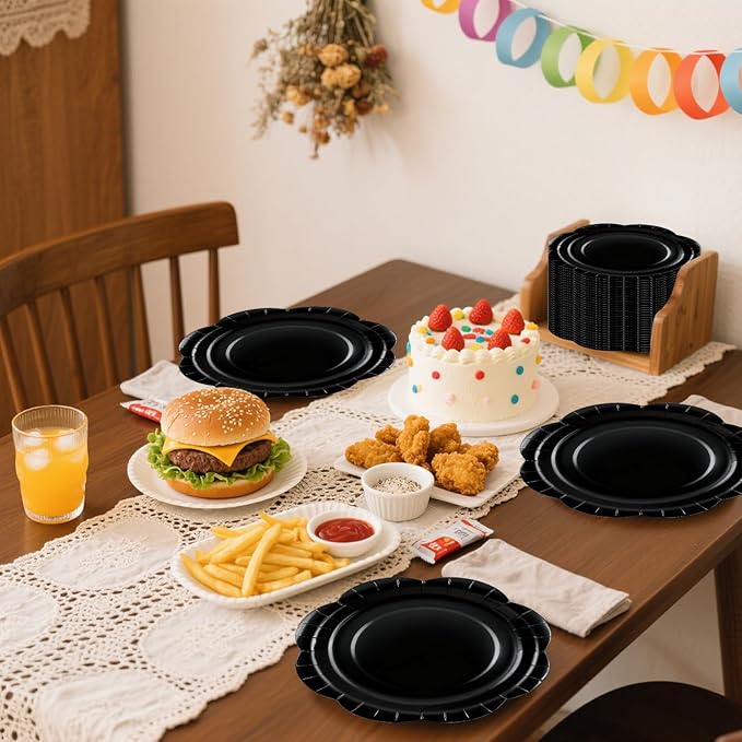 50 Pack Black Paper Plates 7 Inch, Disposable Scalloped Plates Cake Dessert Plate for Dinner Baby Shower Wedding Bridal Shower Birthday Party Supplies (Black, 7 inch)