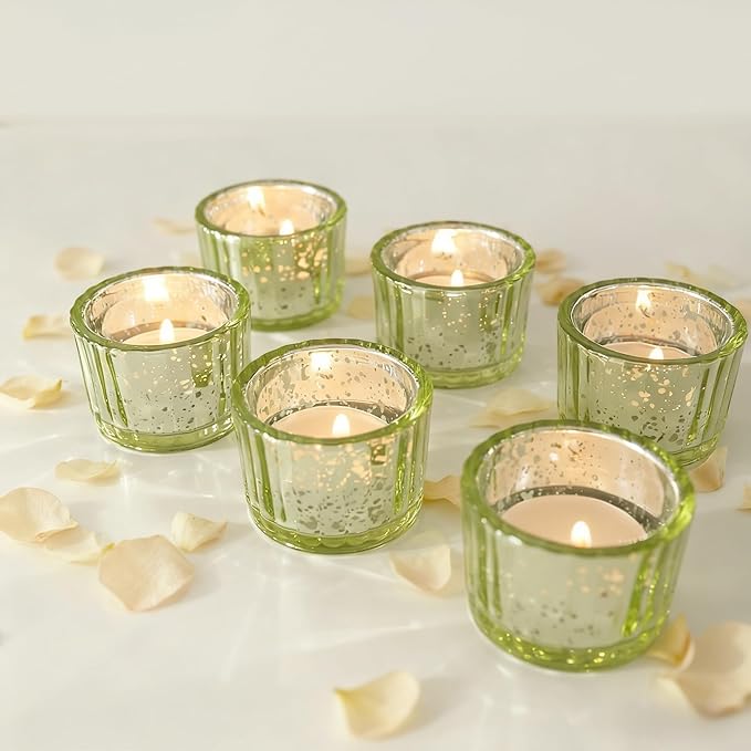Round Clear Votive Candle Holders Set of 12, Purple Wedding Centerpiece Table Decorations, Mercury Glass Tealight Candle Holder for Bridal Shower, Baby Shower & Home Decor (Green)