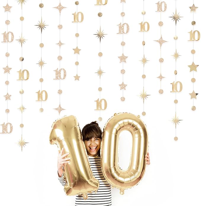 Champagne Gold 10th Birthday Decorations Number 10 Circle Dot Star Garland Streamer Banner Backdrop for Girls Boys Double Digits Cheers to 10 Years Old Birthday Happy 10th Anniversary Party Supplies