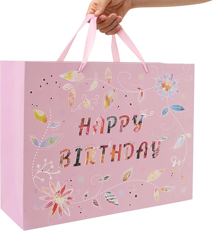 Qirrmiy 16.5” Extra Large Happy Birthday Gift Bag Set with Handles, Greeting Card, Tissue Papers and Stickers for Women Girls, Pink Floral Design, 1 Pcs