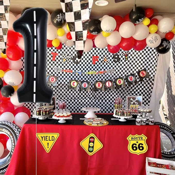 TONIFUL Race Car Black Balloons Car Birthday Party Supplies,40 Inch Giant Jumbo Helium Foil Mylar Big Number 1 Digital 1 Balloons for Boy's Birthday Party Truck Race Car Theme Party Decorations