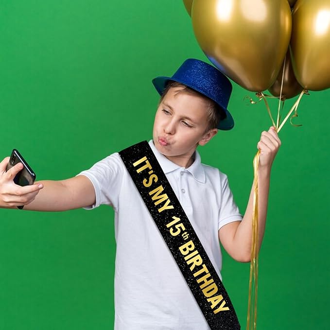 It's My 15th Birthday Sash for Boys Girls, Black Glitter Sash with Gold Foil