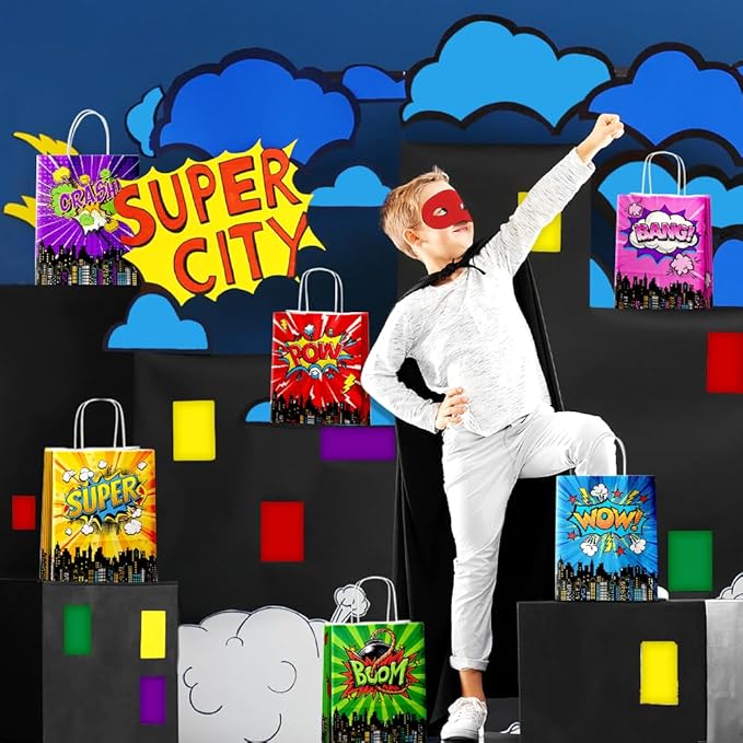 24 Pcs Hero Party Favor Bags with Handles - Hero Goodie Bags, Gift Bags. Comic Hero Theme Candy Bags for Kids, Kraft Paper Bags for Birthday Party Supplies and Baby Shower Decorations.