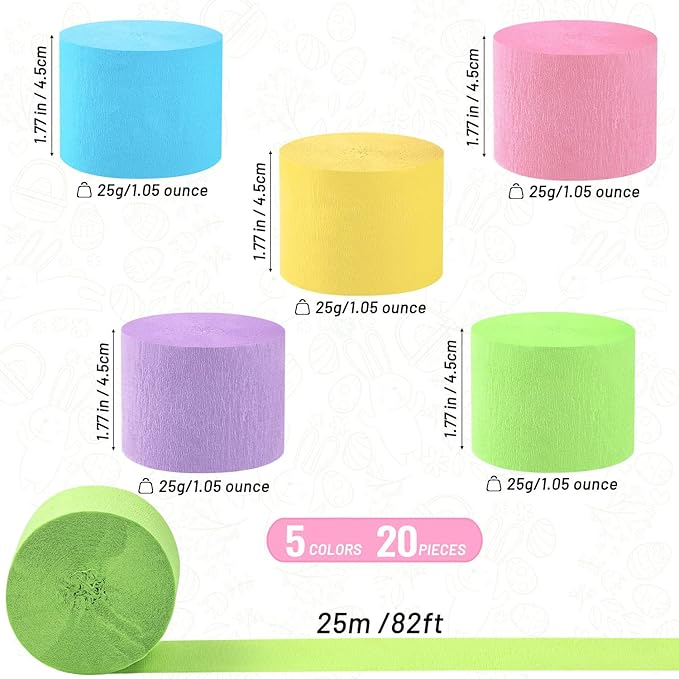20 Rolls Easter Crepe Paper Streamers, 1640 Ft Crepe Paper Decorations in 5 Colors for Various Large Hanging Party Backdrop DIY Decoration, Rainbow DIY Supplies 82FT/Roll