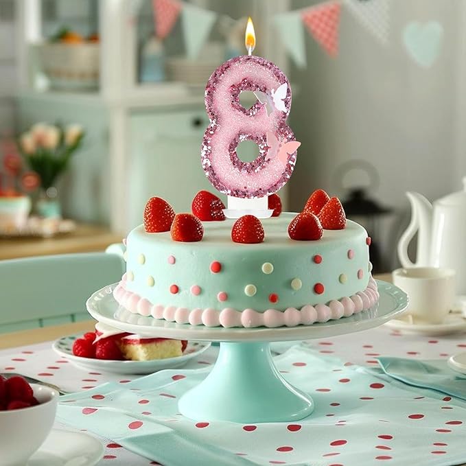 8th Birthday Candles,Glitter Butterfly Cake Toppers Pink Sequins Wedding Numeral Cupcake Decorations,Suitable for Girl and boy Wedding Cakes, Party Celebrations, Birthday Decorations