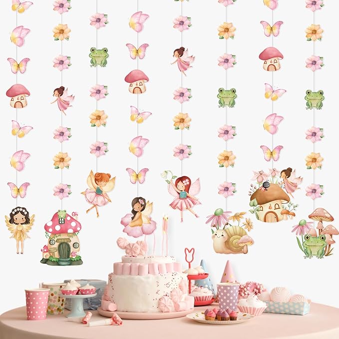 Daifunli 8 Pcs Fairy Party Decorations Fairy First Birthday Hanging Garlands Banner Butterfly Mushroom Flower Paper Cutouts Streamer for Wall Ceiling Decor Wonderland Garden Tale Floral Party Supplies