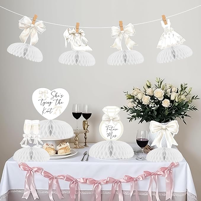 8Pcs White Bow Bachelorette Honeycomb Centerpieces, She's Tying The Knot Bridal Shower Decorations Bowknot Theme Table Toppers for Engagement Decor Supplies