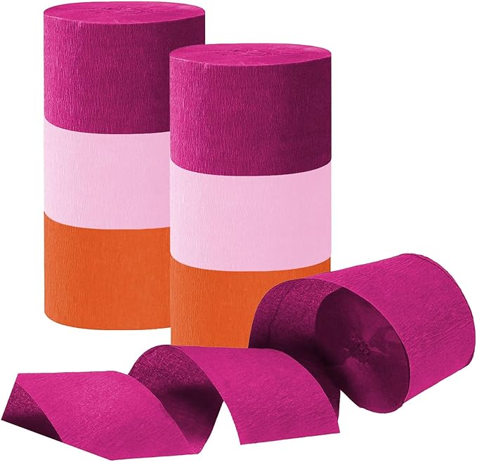 Rose Red Pink and Orange Crepe Paper Streamers, Party Streamer Decorations for Various Party Festival Decorations, 6 Rolls