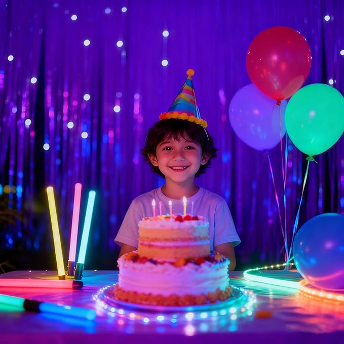 2pcs Glow In The Dark Party Supplies Neon Party Decorations 39*78 Inch Purple Fluorescent Macaron Tassel Backdrop Foil Curtain Suitable For Fluorescent Birthday And Light Party Decorations.