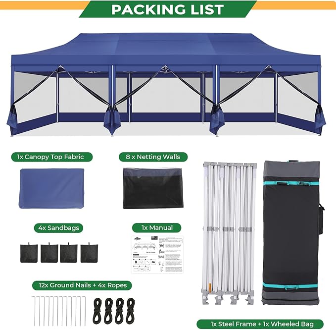 COBIZI 10x30 Heavy Duty Pop Up Canopy with 8 Mosquito Netting Wall, Easy Set Up Commercial Gazebo Party Tent, Outdoor Instant Screen Canopy for Backyard, Patio, Garden, Dark Blue